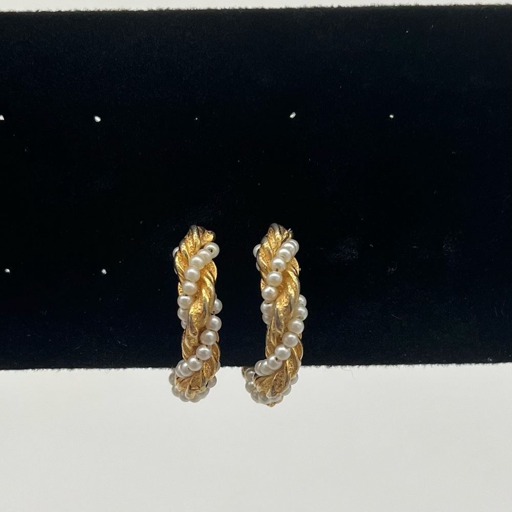 Gold and Pearl Vintage Hoop Clip-on Earrings